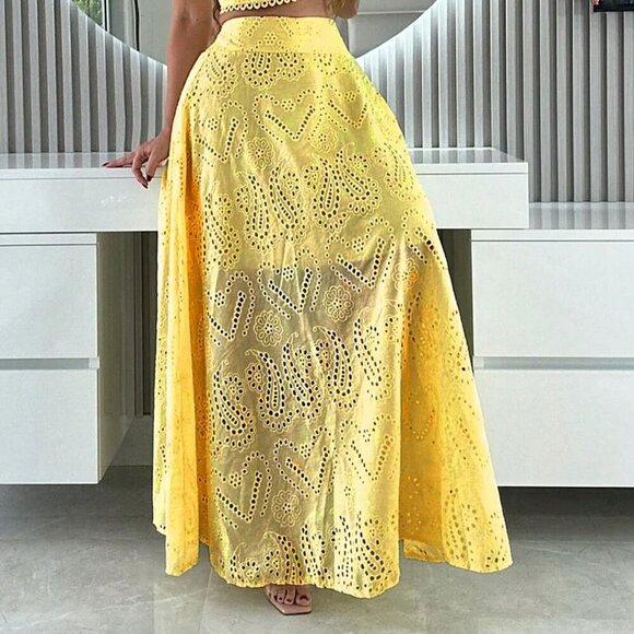 Yellow Elegant Women's Floral Hollow Out Full Embroidery A-Line Maxi Skirt - Picture 4 of 10